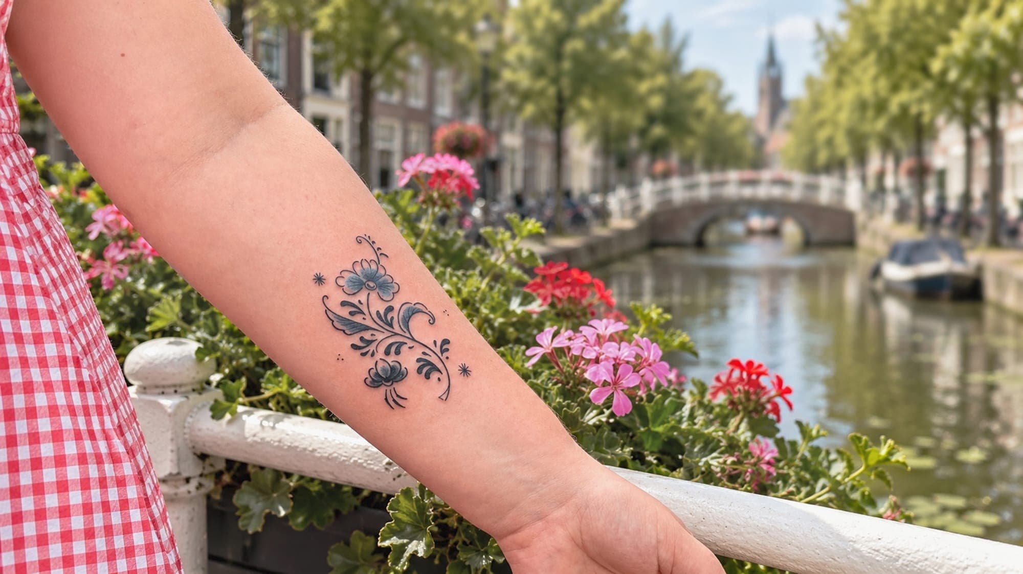 Delft Blue floral tattoo on a forearm beside a canal in Delft