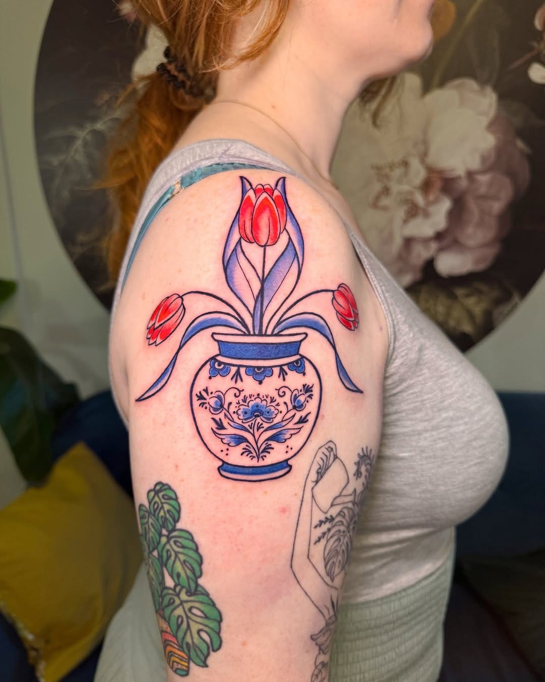 Delft Blue tattoo, tulip vase upper arm